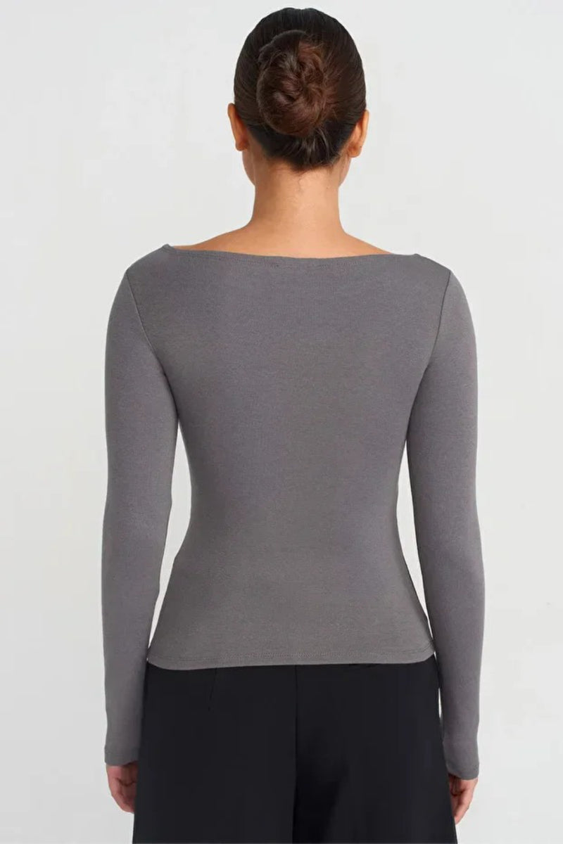 Grey Boat Neck Long-Sleeve Top 100% Cotton