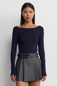 Navy Boat Neck Long-Sleeve Top 100% Cotton