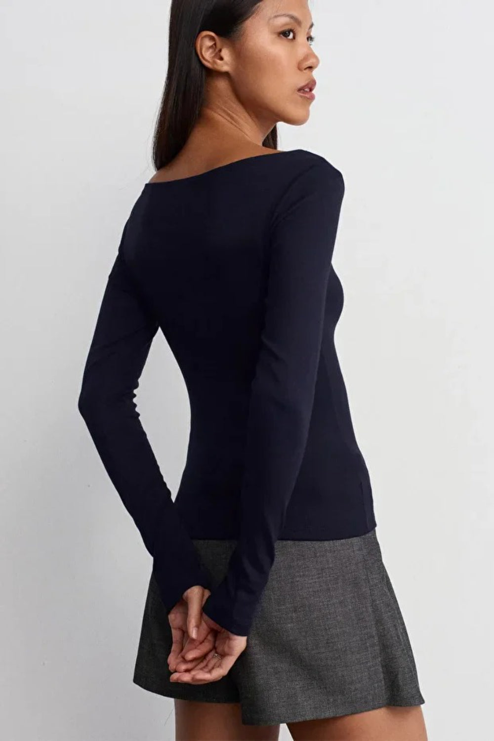 Navy Boat Neck Long-Sleeve Top 100% Cotton