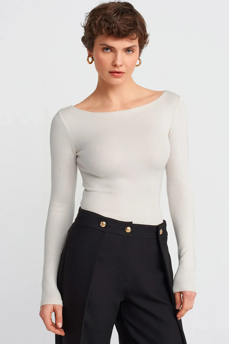 White Boat Neck Long-Sleeve Top 100% Cotton