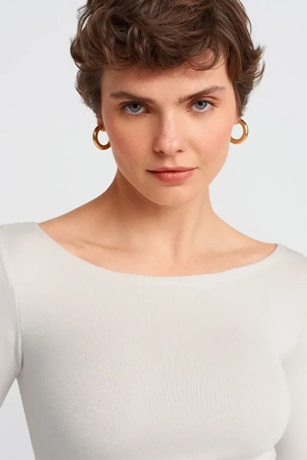 White Boat Neck Long-Sleeve Top 100% Cotton