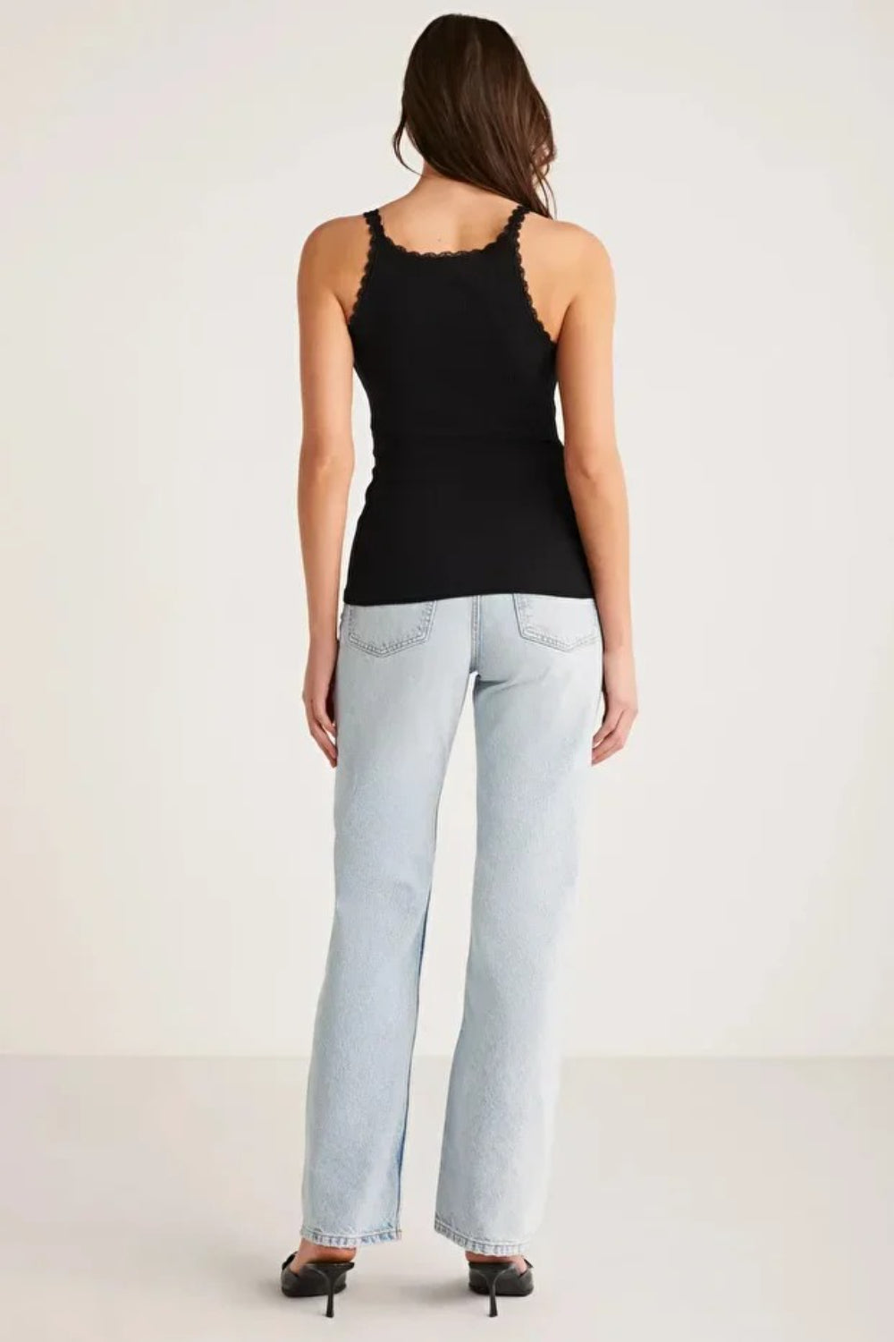 Black Lace-Detail Thin-Strap Cut-Out Neck Cotton Tank Top