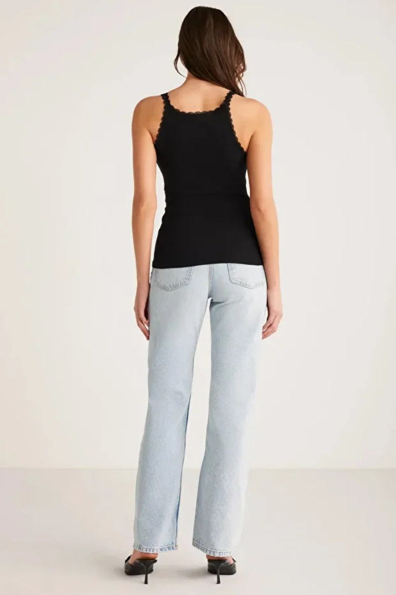 Black Lace-Detail Thin-Strap Cut-Out Neck Cotton Tank Top
