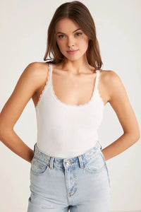 White Lace-Detail Thin-Strap Cut-Out Neck Cotton Tank Top