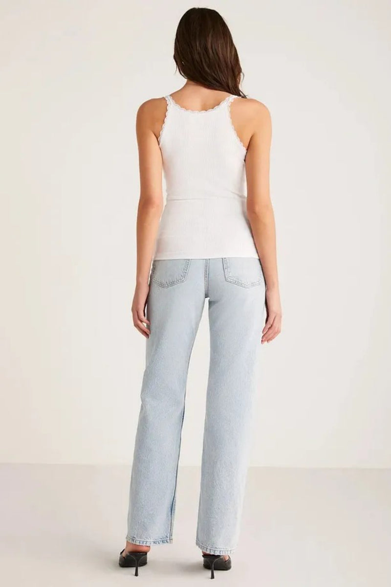 White Lace-Detail Thin-Strap Cut-Out Neck Cotton Tank Top