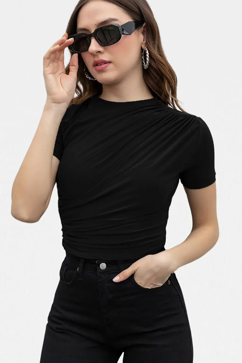 Black Crew Neck Ruched Sandy Short-Sleeve Tshirt