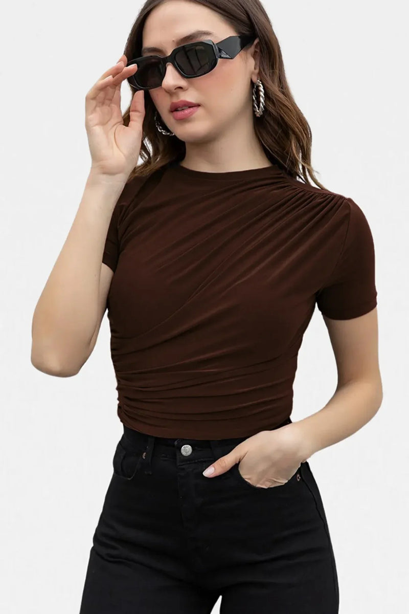 Brown Crew Neck Ruched Sandy Short-Sleeve Tshirt