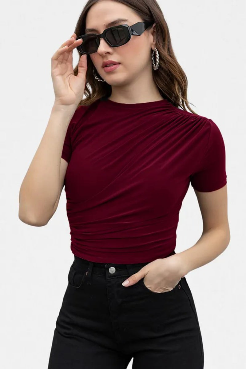 Burgundy Crew Neck Ruched Sandy Short-Sleeve Tshirt