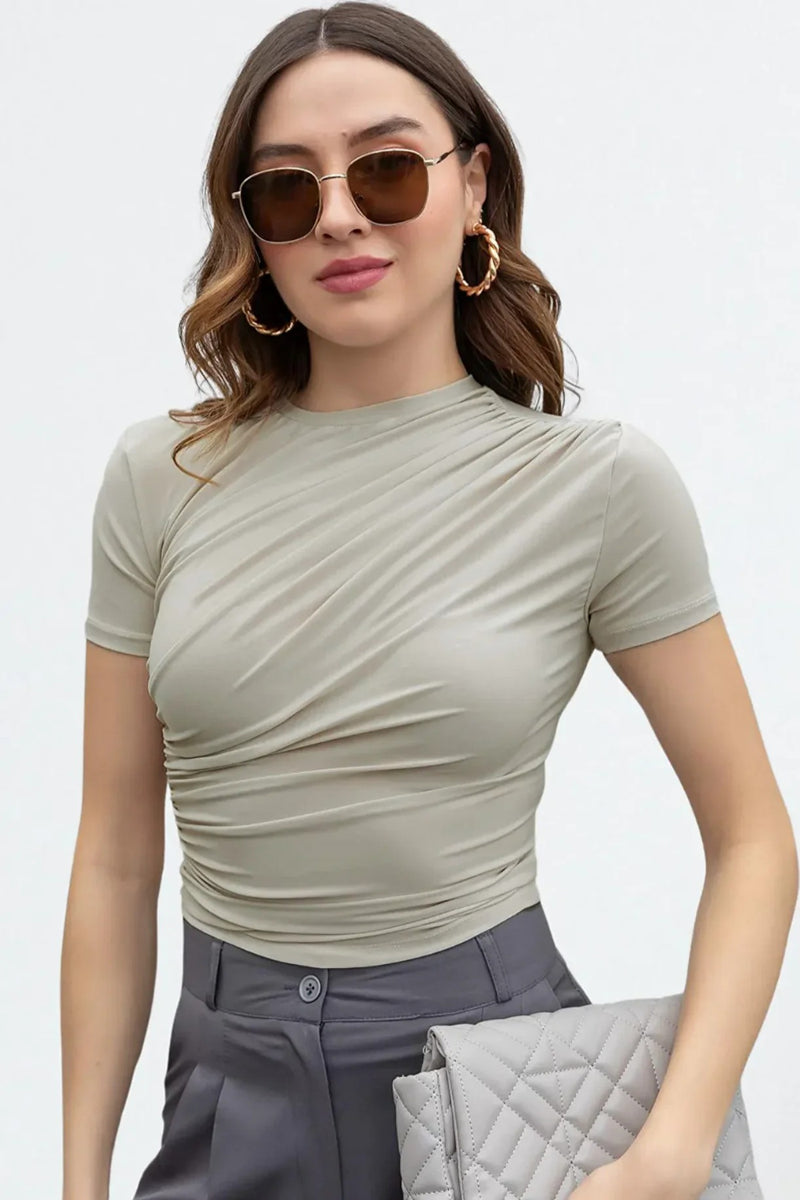 Light Beige Crew Neck Ruched Sandy Short-Sleeve Tshirt