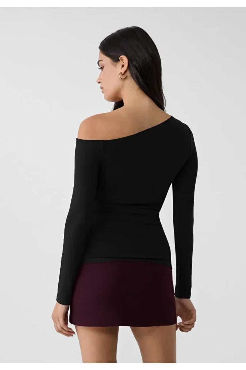 Black Asymmetric Neck 100% Cotton T-Shirt Blouse