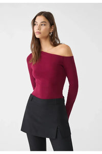 Burgundy Asymmetric Neck 100% Cotton T-Shirt Blouse
