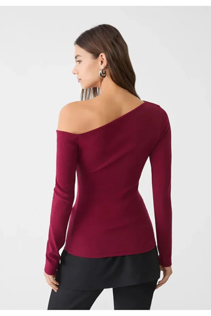 Burgundy Asymmetric Neck 100% Cotton T-Shirt Blouse