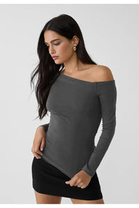 Grey Asymmetric Neck 100% Cotton T-Shirt Blouse