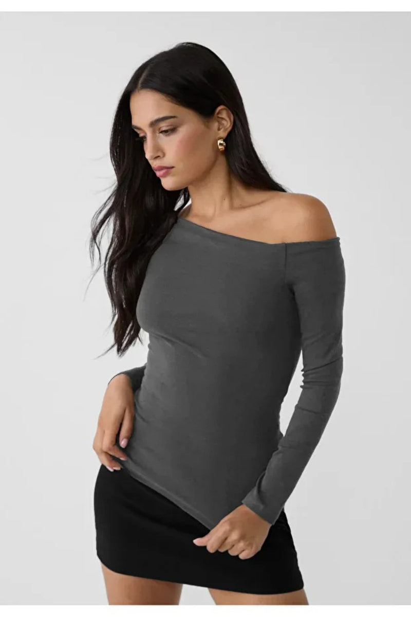 Grey Asymmetric Neck 100% Cotton T-Shirt Blouse