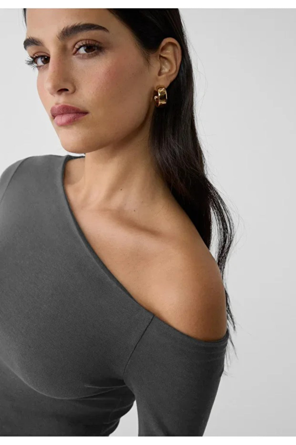 Grey Asymmetric Neck 100% Cotton T-Shirt Blouse