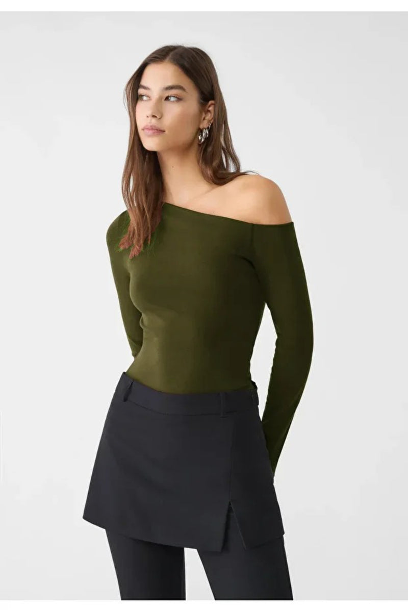 Khaki Asymmetric Neck 100% Cotton T-Shirt Blouse