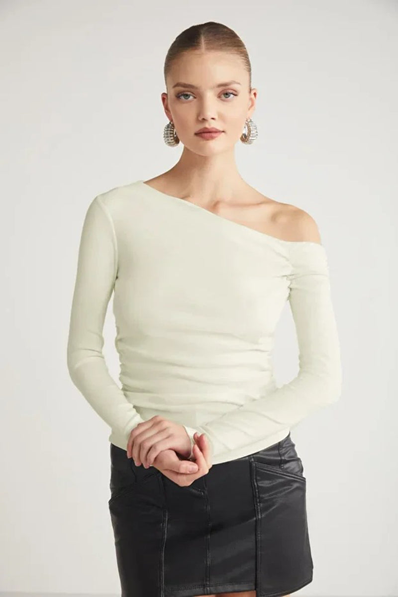 Light Beige Asymmetric Neck 100% Cotton T-Shirt Blouse