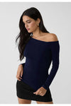 Navy Asymmetric Neck 100% Cotton T-Shirt Blouse