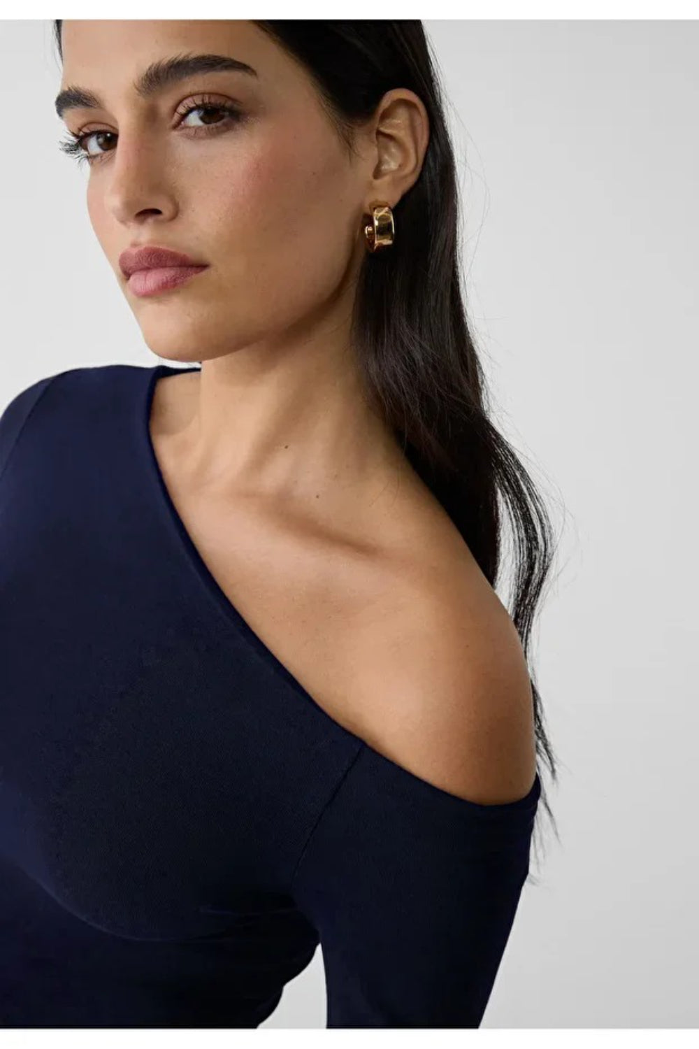 Navy Asymmetric Neck 100% Cotton T-Shirt Blouse