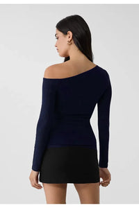 Navy Asymmetric Neck 100% Cotton T-Shirt Blouse