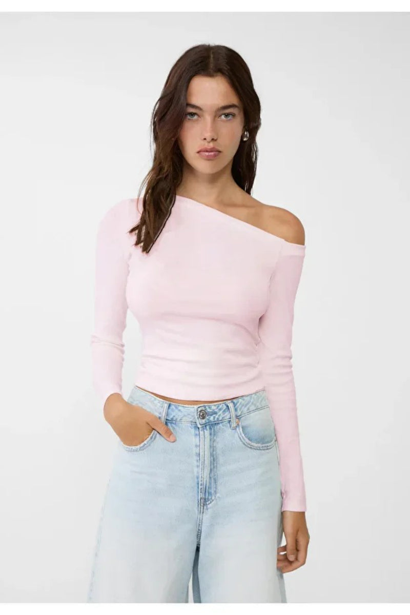 Pink Asymmetric Neck 100% Cotton T-Shirt Blouse