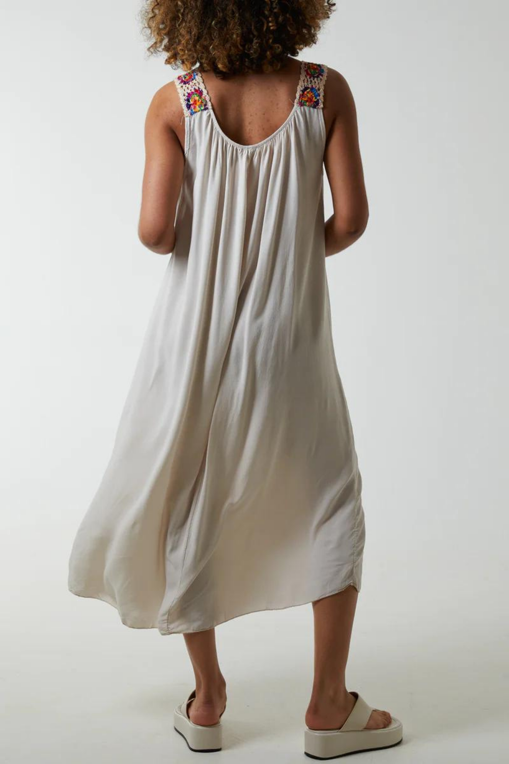 Oversized Crochet Sleeves Strappy Maxi Dress in Beige