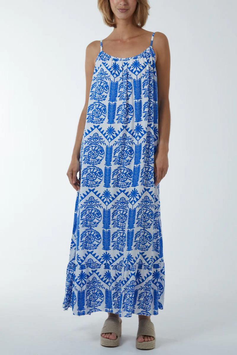 Oversized Aztec Printed Cami Maxi Dress in Blue and White