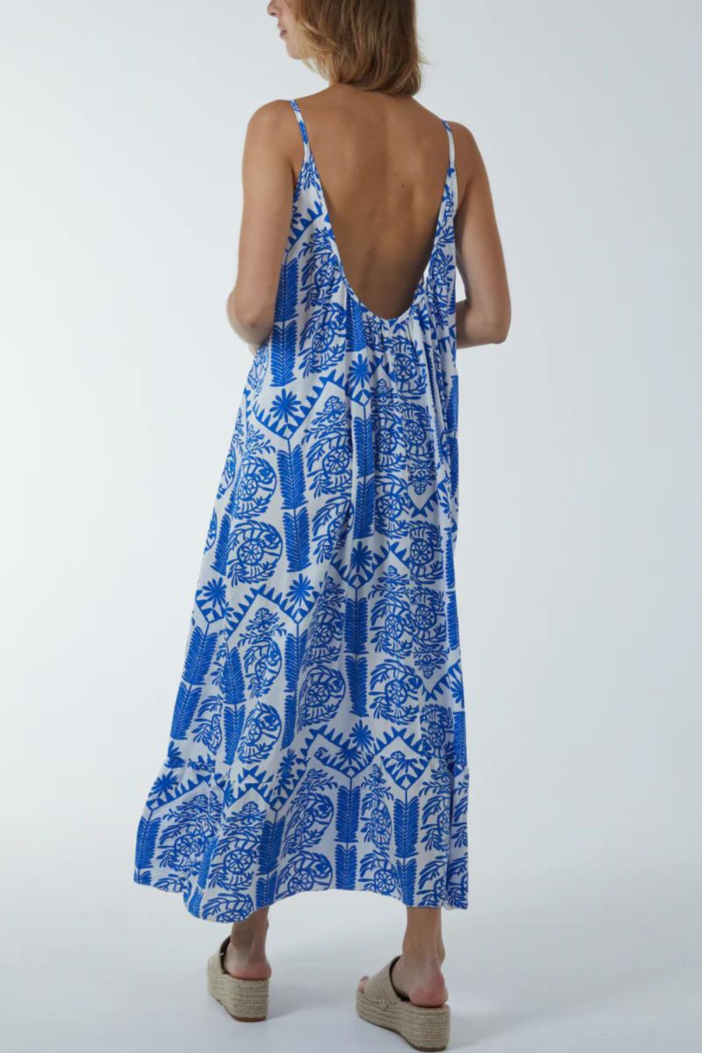 Oversized Aztec Printed Cami Maxi Dress in Blue and White