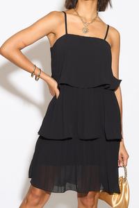 Relaxed Fit Cami Pleated Mini Dress with Layer Details in Black