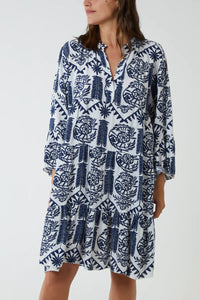 Oversized Long Sleeves Printed Smock Dress in Navy