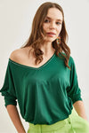 V-Neck Viscose Blouse with Silver Stitching Details