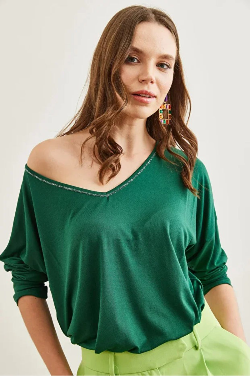 V-Neck Viscose Blouse with Silver Stitching Details