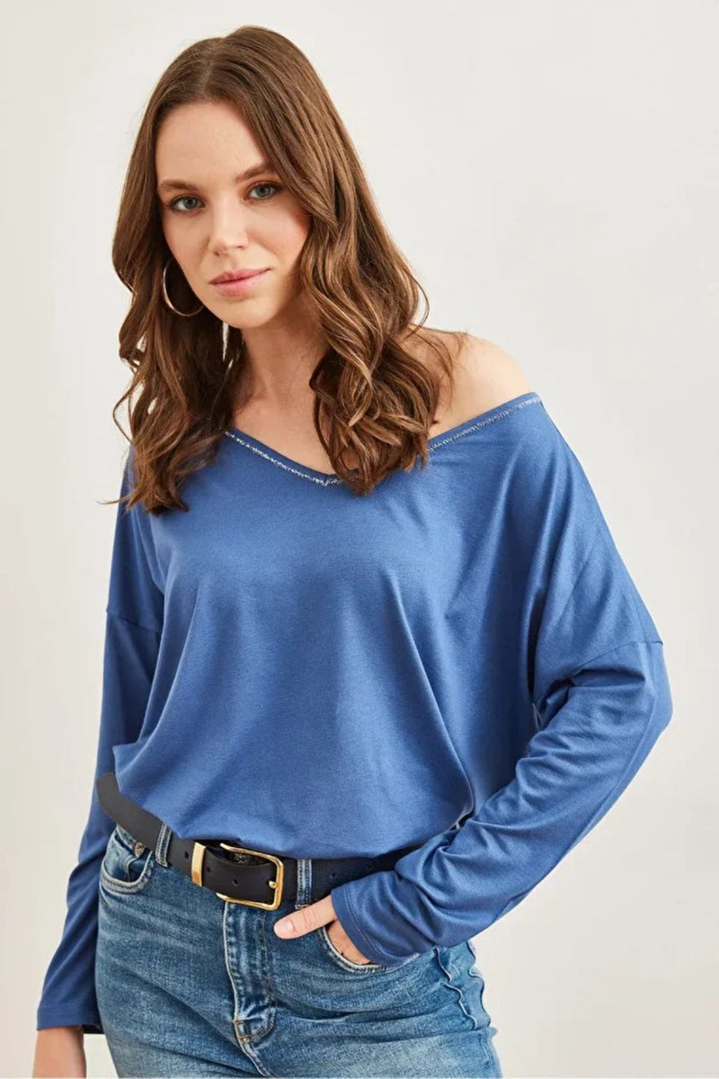 V-Neck Viscose Blouse with Silver Stitching Details