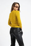 V-Neck Knit Sweater with Woven Pattern in Mustard