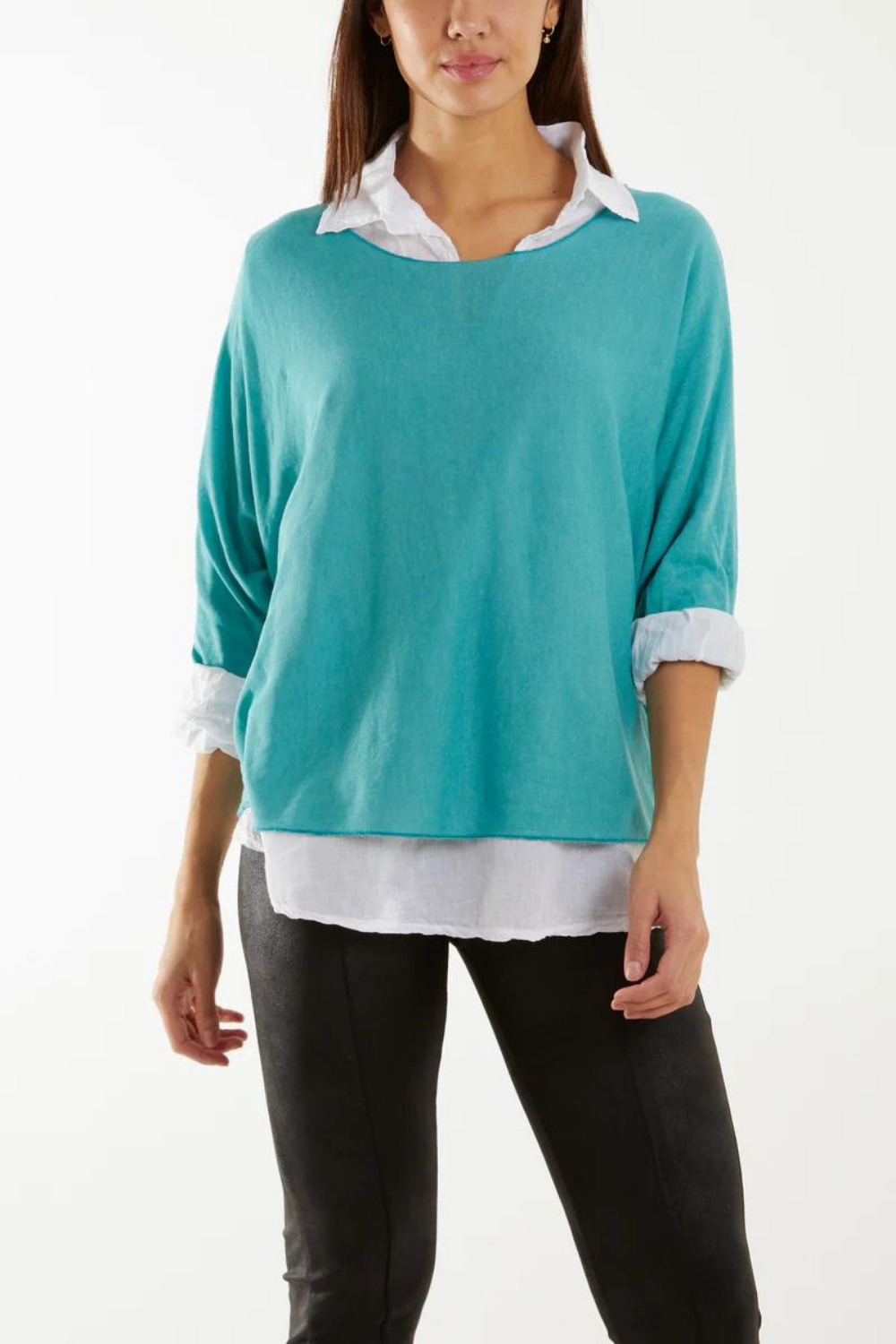 Relaxed Fit Double Layer Top and Shirt with 3/4 Sleeve in Teal