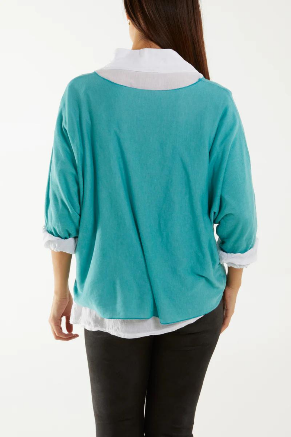 Relaxed Fit Double Layer Top and Shirt with 3/4 Sleeve in Teal