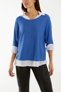 Relaxed Fit Double Layer Top and Shirt with 3/4 Sleeve in Blue