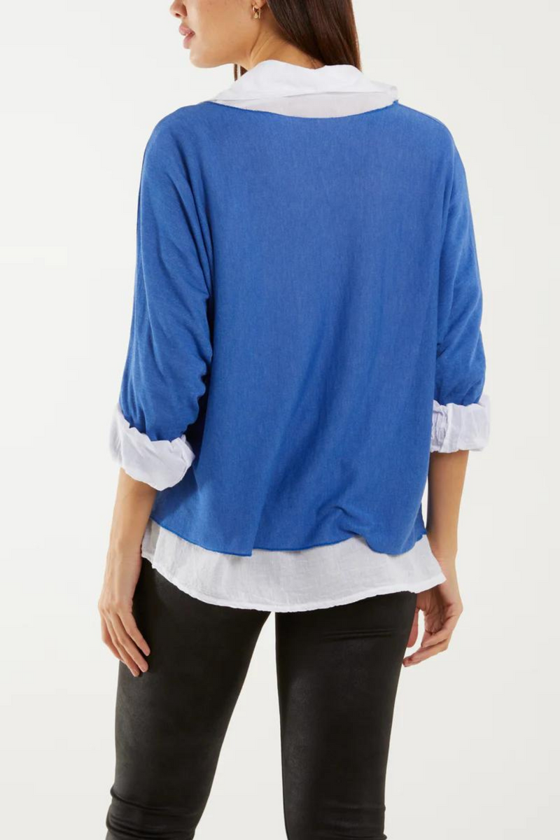 Relaxed Fit Double Layer Top and Shirt with 3/4 Sleeve in Blue