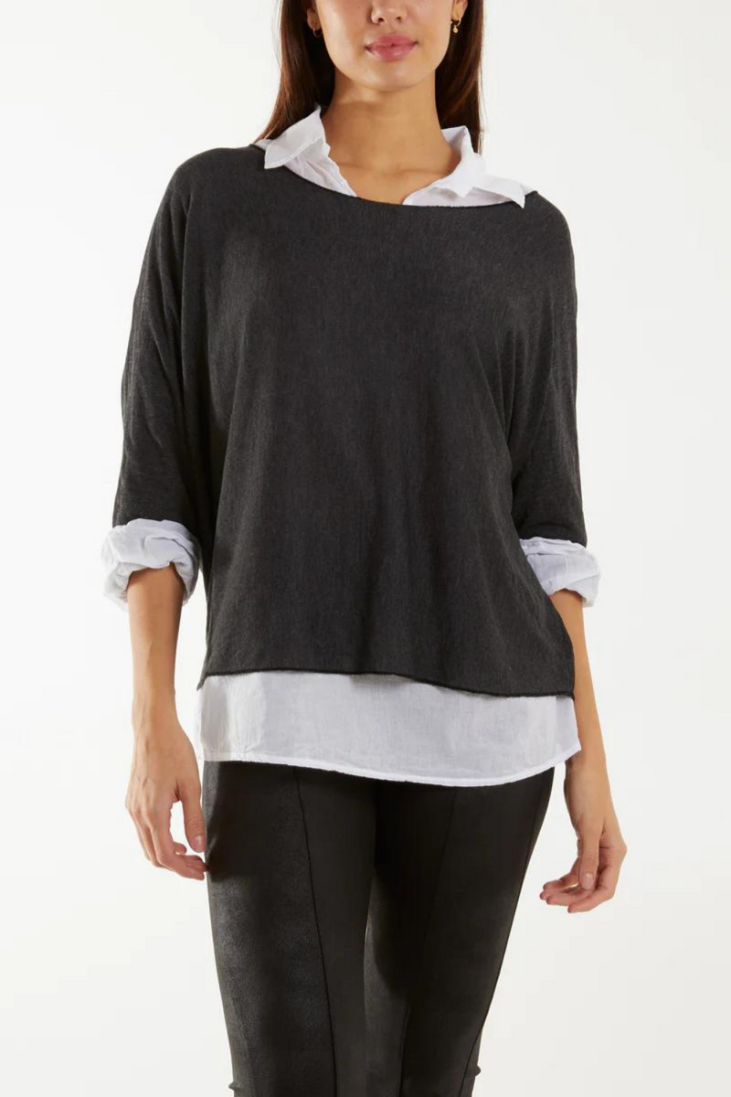 Relaxed Fit Double Layer Top and Shirt with 3/4 Sleeve in Charcoal