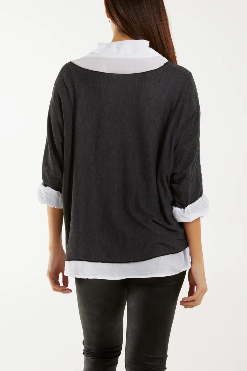 Relaxed Fit Double Layer Top and Shirt with 3/4 Sleeve in Charcoal