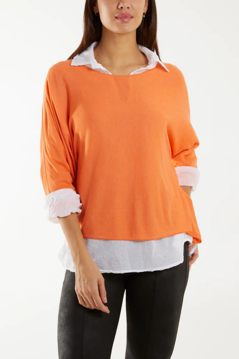 Relaxed Fit Double Layer Top and Shirt with 3/4 Sleeve in Orange