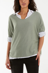 Relaxed Fit Double Layer Top and Shirt with 3/4 Sleeve in Khaki