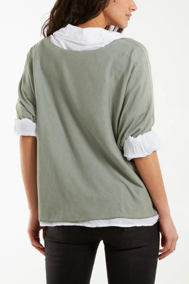 Relaxed Fit Double Layer Top and Shirt with 3/4 Sleeve in Khaki