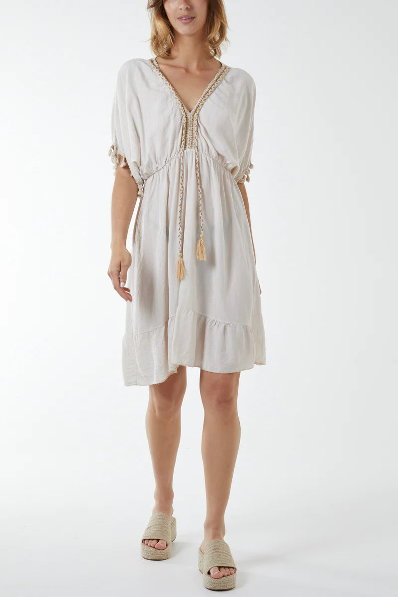 Oversized Fit V Neck Tassel Detailed Mini Dress in Gold and White