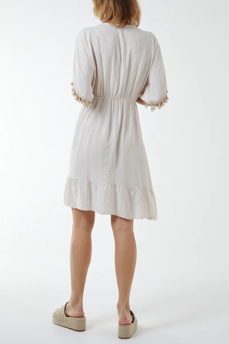 Oversized Fit V Neck Tassel Detailed Mini Dress in Gold and White