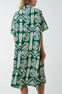 Oversized Printed Shirt Midi Dress with Short Sleeves in Green