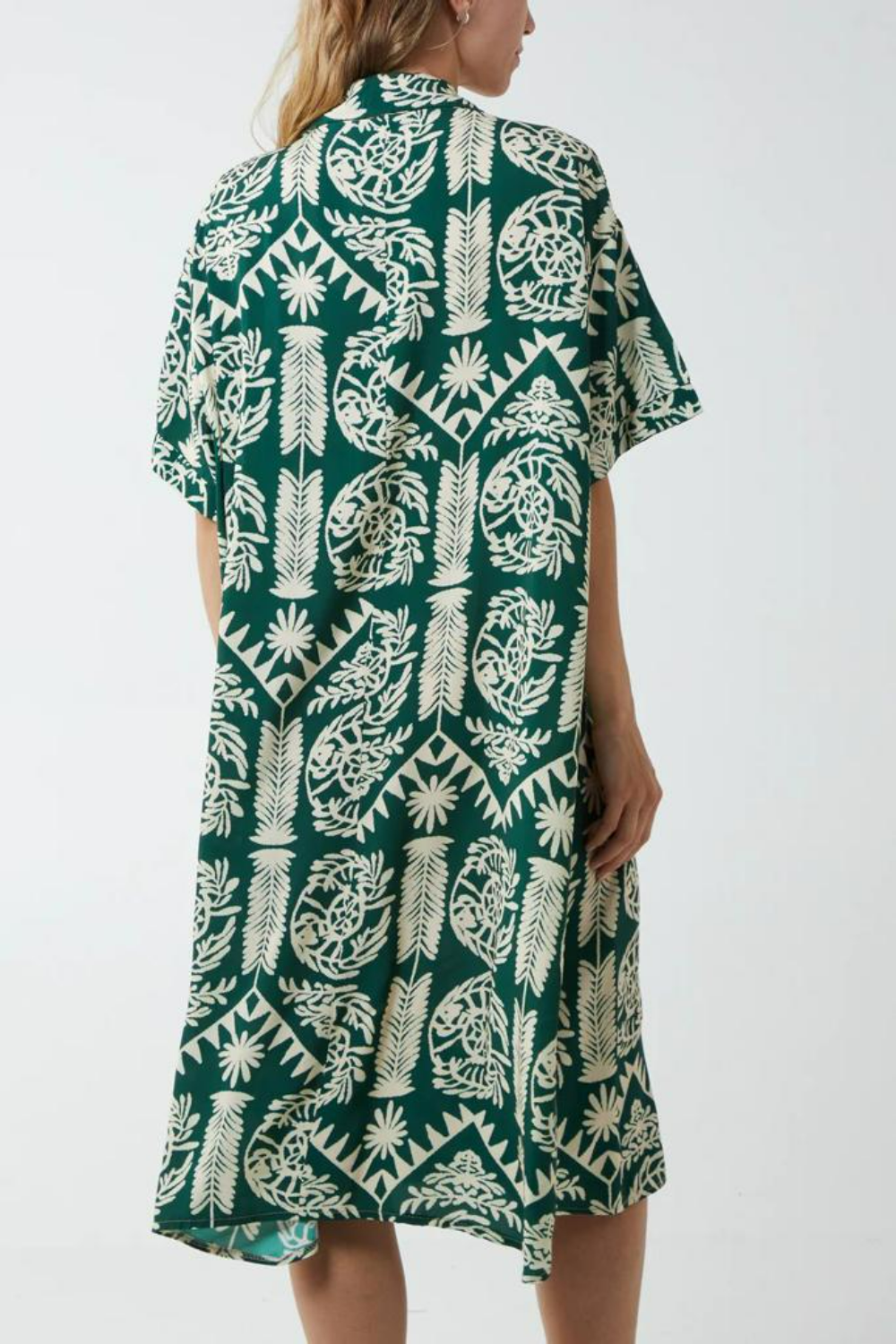 Oversized Printed Shirt Midi Dress with Short Sleeves in Green