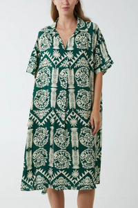 Oversized Printed Shirt Midi Dress with Short Sleeves in Green