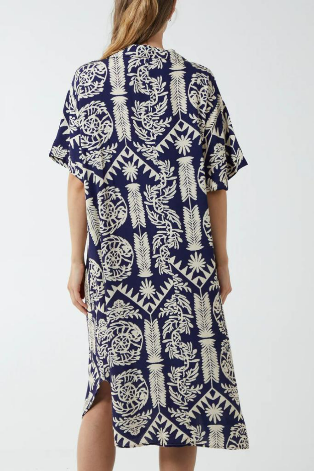 Oversized Printed Shirt Midi Dress with Short Sleeves in Navy