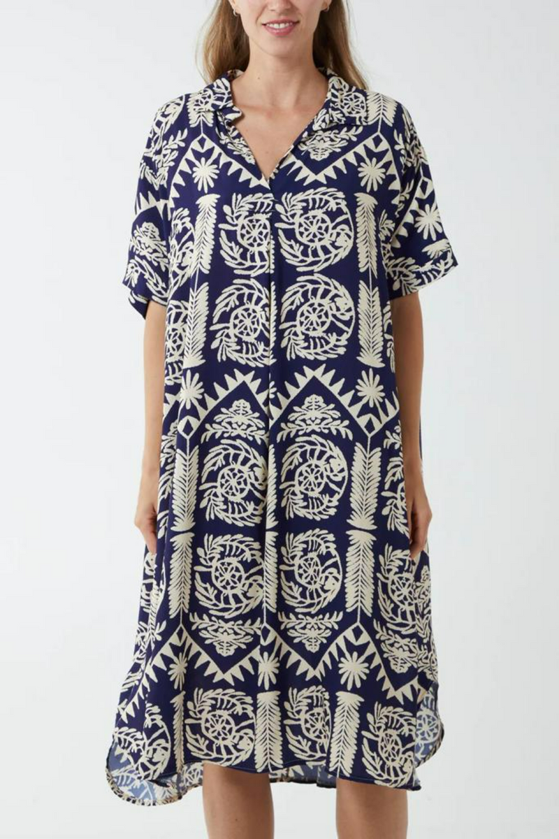 Oversized Printed Shirt Midi Dress with Short Sleeves in Navy
